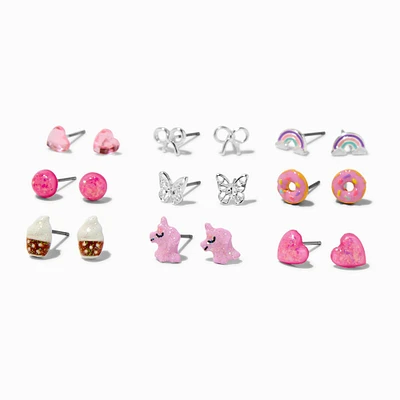 Pink Unicorn & Donut Mixed Stud Earrings - 9 Pack 