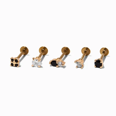 Gold-tone Stainless Steel Black Cubic Zirconia 18G Stud Threadless Cartilage Earrings - 5 Pack