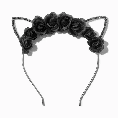 Black Flower Crystal Cat Ears Headband