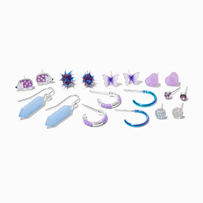 Purple Hedgehog Mixed Stud, Drop & Hoop Earrings - 9 Pack