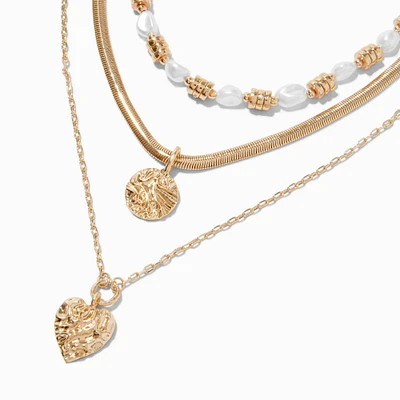 Gold-tone Pearl Textured Pendant Multi-Strand Necklace 