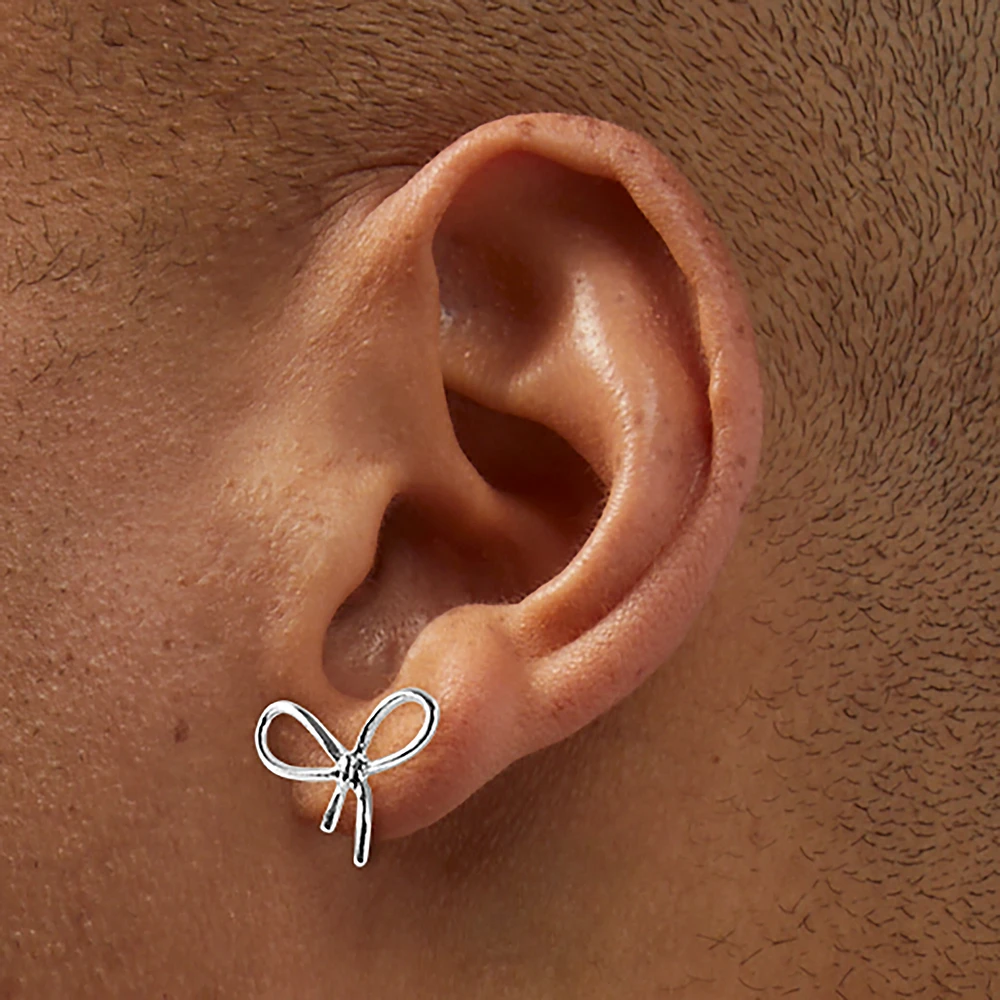 Silver-tone Knot Bow Pearl Earring Stackables Set - 3 Pack