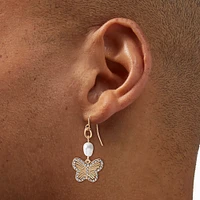 Gold-tone Pavé Butterfly Pearl Drop Earrings