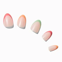 Pink, Orange & Green French Tip Short Almond Vegan Faux Nails - 24 Pack