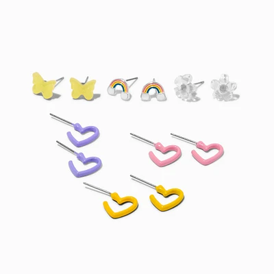 Mixed Studs & Heart Hoop Earring Set - 6 Pack 