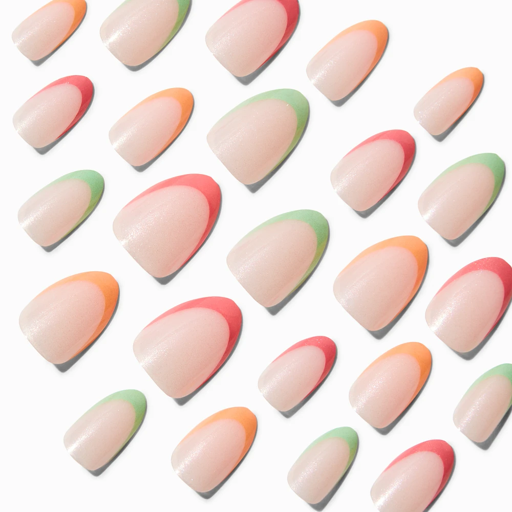 Pink, Orange & Green French Tip Short Almond Vegan Faux Nails - 24 Pack