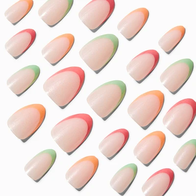 Pink, Orange & Green French Tip Short Almond Vegan Faux Nails - 24 Pack