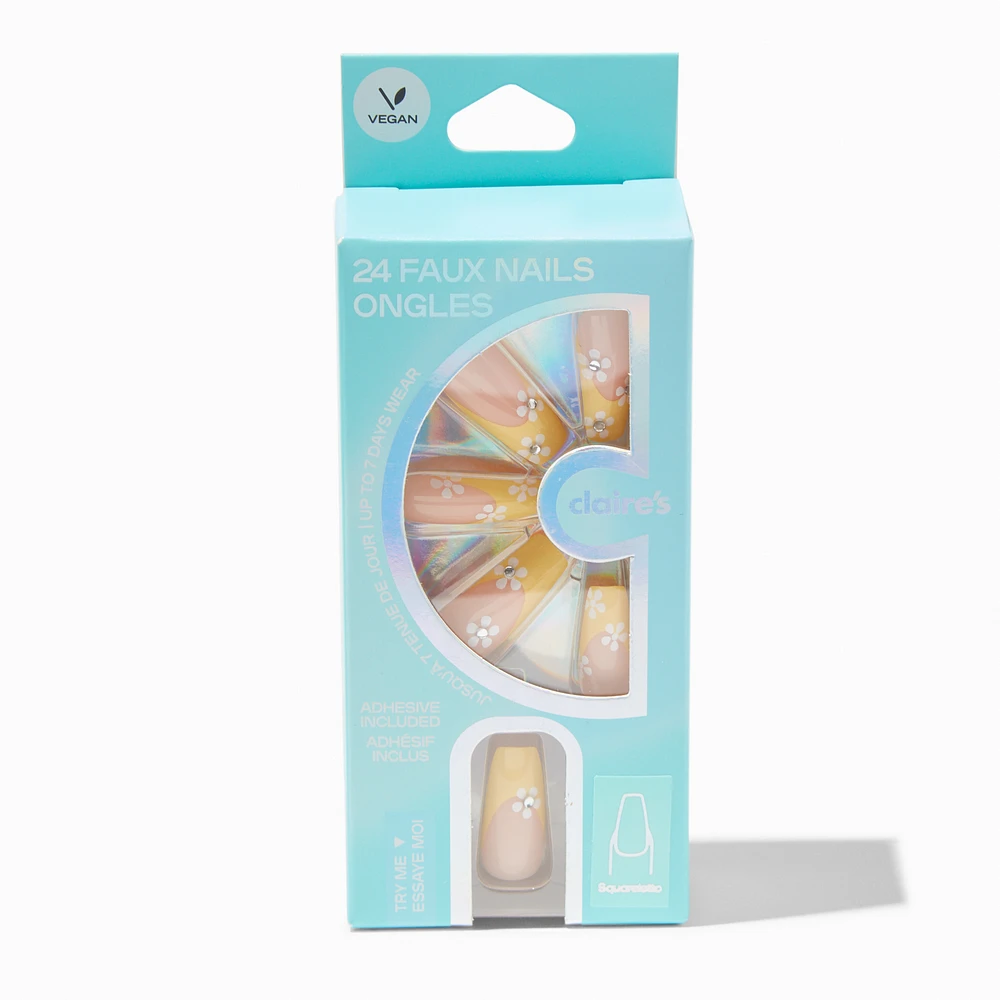 White Daisy Yellow French Tip Squareletto Vegan Faux Nail Set - 24 Pack