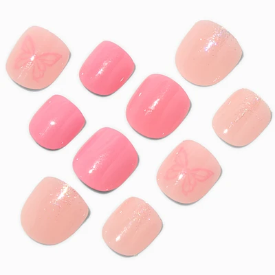 Claire's Club Pink Butterfly Glitter Press On Vegan Faux Nail Set - 10 Pack