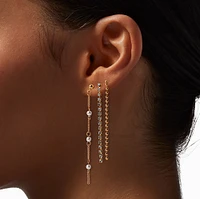 Gold-tone Cup Chain Pearl Earring Stackables Set - 3 Pack 