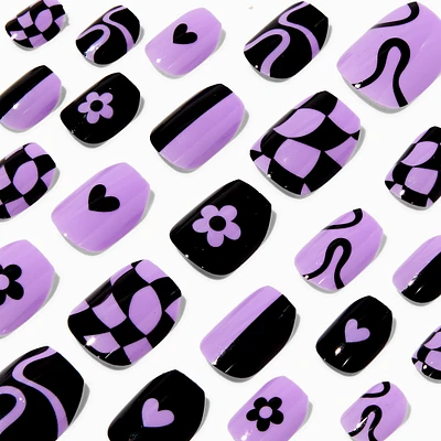 Black & Purple Checkered Coffin Press On Vegan Faux Nail Set - 24 Pack