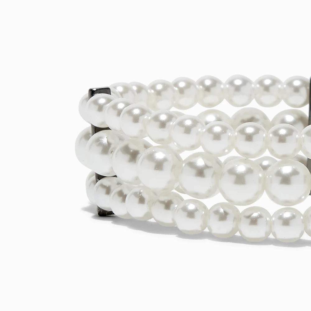 Three-Row Pearl & Hematite Stretch Bracelet
