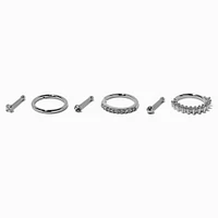 18G Silver-tone Stainless Steel Cubic Zirconia Basic Stud & Hoop Nose Rings - 6 Pack