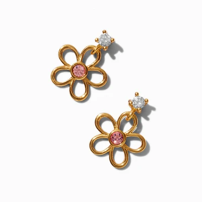 C LUXE by Claire's Gold-tone Sterling Silver Cubic Zirconia Pink Flower Drop Earrings