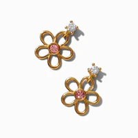 C LUXE by Claire's Gold-tone Sterling Silver Cubic Zirconia Pink Flower Drop Earrings