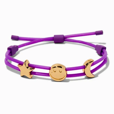 Gold-tone Star, Happy Face & Moon Charm Purple Bolo Bracelet