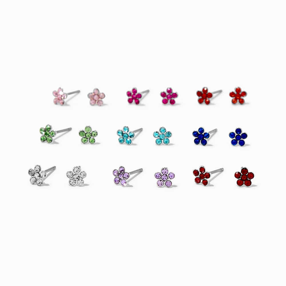 Multicolored Crystal Flower 4mm Stud Earrings - 9 Pack