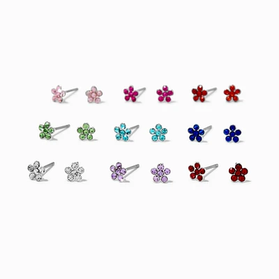 Multicolored Crystal Flower 4mm Stud Earrings - 9 Pack 