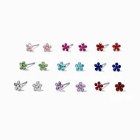 Multicolored Crystal Flower 4mm Stud Earrings - 9 Pack 
