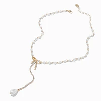 Gold-tone Cubic Zirconia Pearl Bow Y-Neck Pendant Necklace