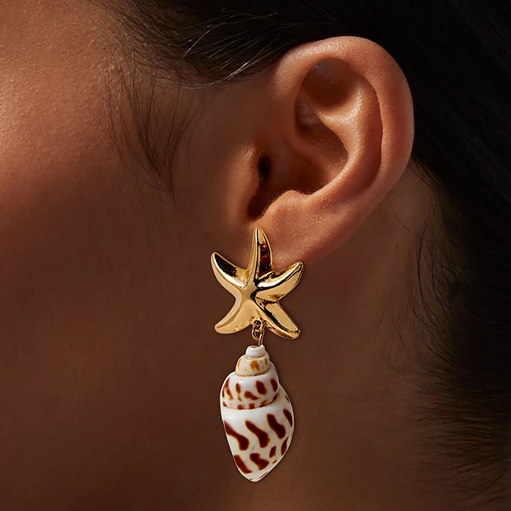 Gold-tone Starfish & Shell Drop Earrings