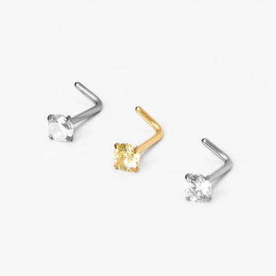20G Mixed Metal Stainless Steel Crystal Nose Studs - 3 Pack