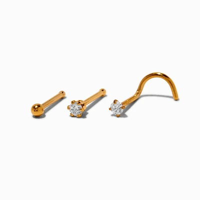 20G Gold-tone Stainless Steel Cubic Zirconia Nose Studs - 3 Pack