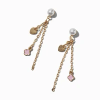 Gold-tone Pink Clover Pearl Chain Drop Earrings