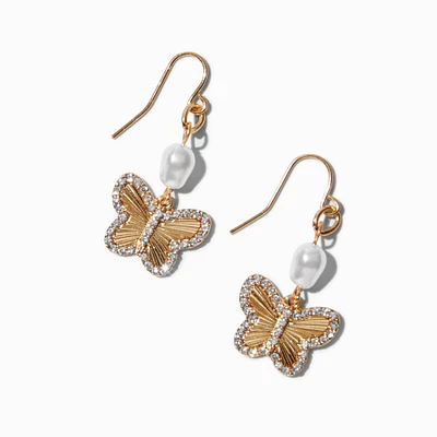 Gold-tone Pavé Butterfly Pearl Drop Earrings