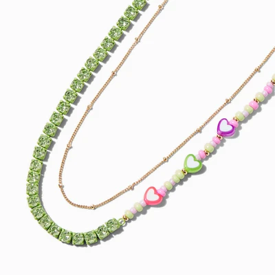 Green Heart Beaded Gold-tone Chain Multi-Strand Necklace