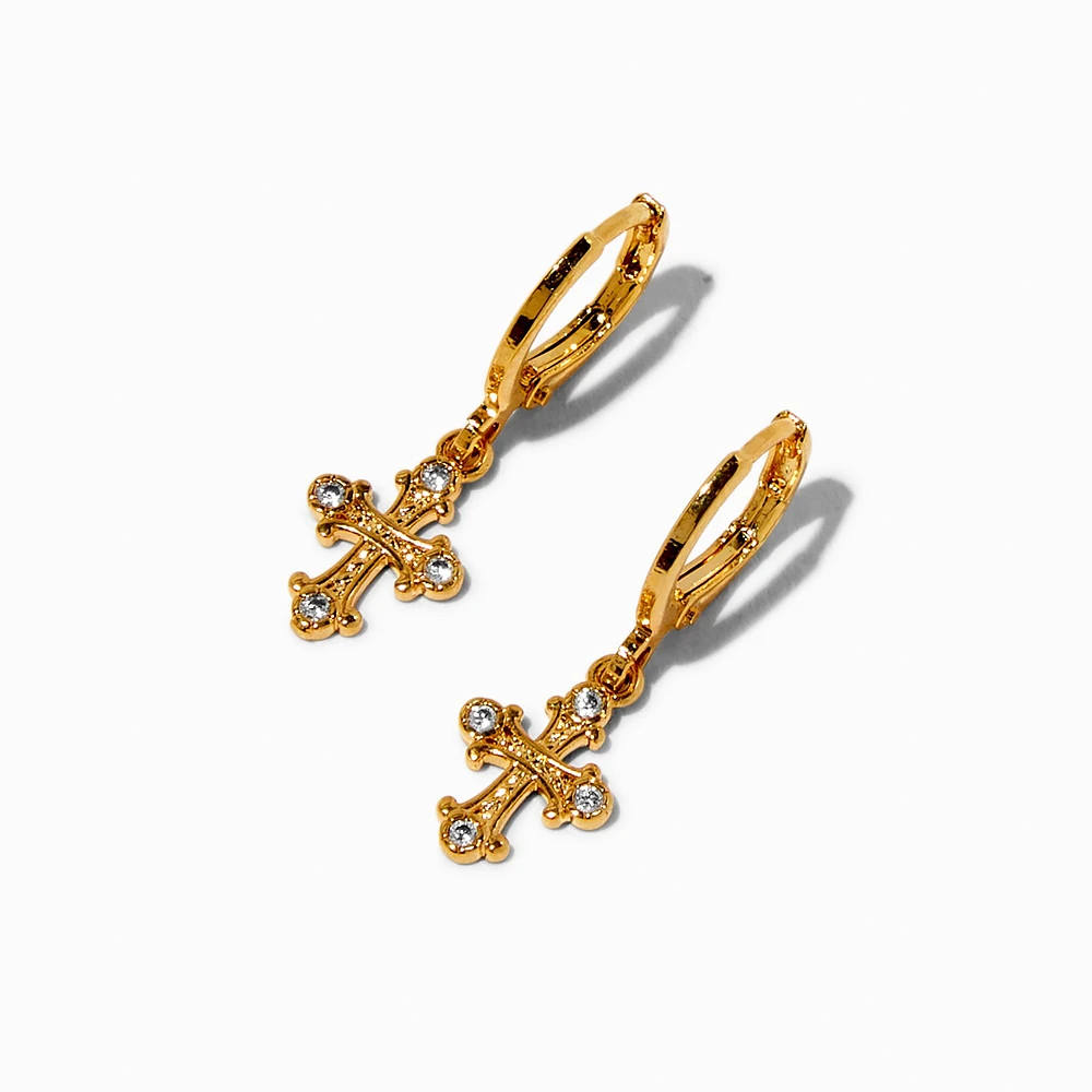 C LUXE by Claire's 18k Yellow Gold Plated Cubic Zirconia Ornate Cross Hoop Earrings