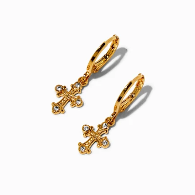 C LUXE by Claire's 18k Yellow Gold Plated Cubic Zirconia Ornate Cross Hoop Earrings
