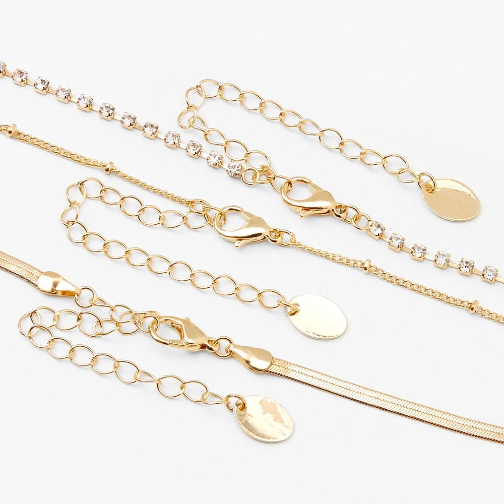 Gold Beaded, Rhinestone & Snake Chain Necklaces - 3 Pack 