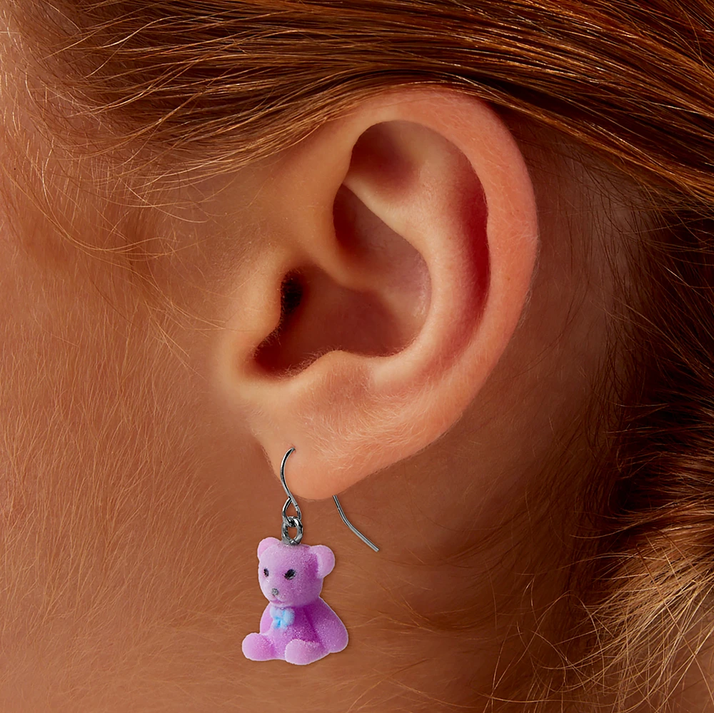 Pink Fuzzy Teddy Bear Drop Earrings
