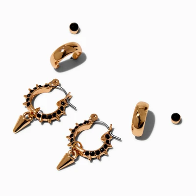 Gold-tone Black Crystal Spikes Earring Stackables Set - 3 Pack