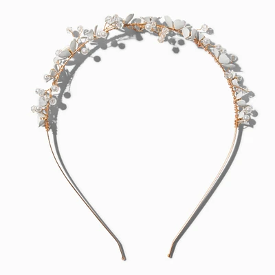 White Floral & Pearl Gold-tone Headband