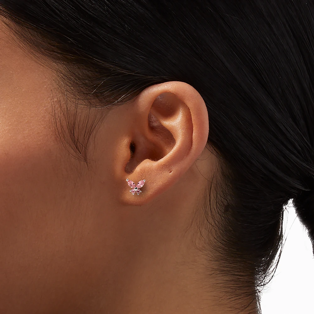 Cubic Zirconia Silver-tone Butterfly Stud Earrings