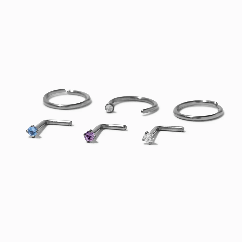 18G Silver-tone Titanium Cubic Zirconia Mixed Aqua Nose Rings - 6 Pack