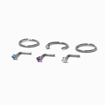 18G Silver-tone Titanium Cubic Zirconia Mixed Aqua Nose Rings - 6 Pack