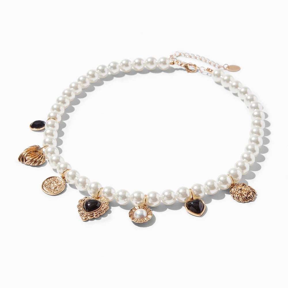 Gold-tone & Pearl Charm Necklace 