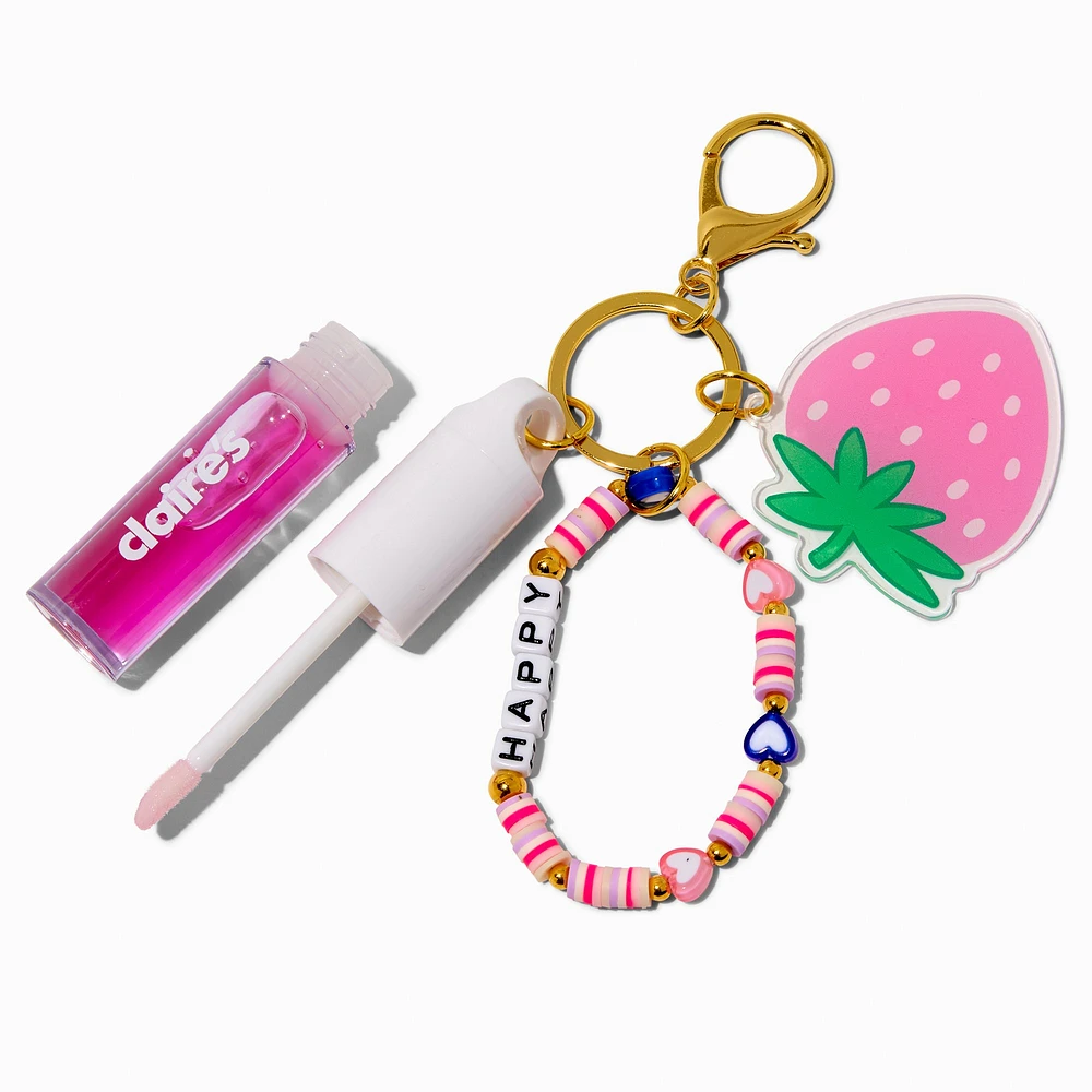 "Happy" Strawberry Charm Lip Gloss Wristlet Keychain