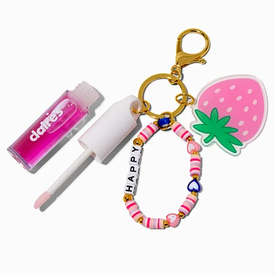 "Happy" Strawberry Charm Lip Gloss Wristlet Keychain