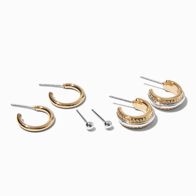 Mixed Metal Textured Stackable Earrings Set - 3 Pack 