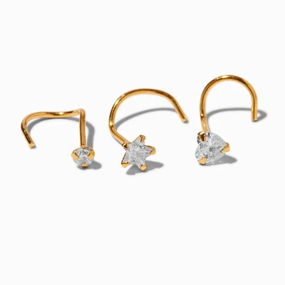 22G Gold-tone Sterling Silver Mixed Crystal Nose Studs - 3 Pack