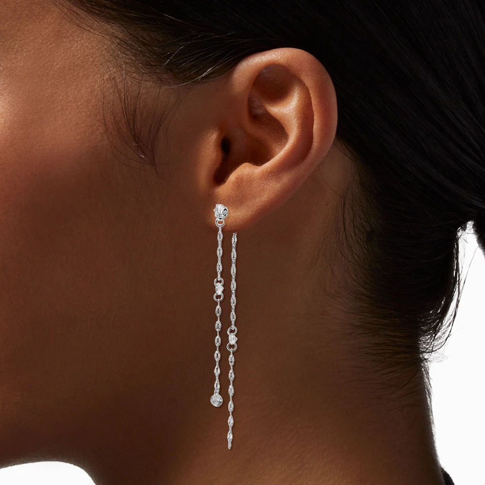 Silver-tone Front & Back Cubic Zirconia Disc Chain 2.5" Linear Drop Earrings