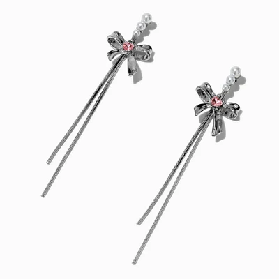 Pearl & Pink Heart Bow Drop Earrings