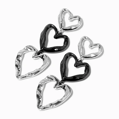 Silver-tone & Hematite Triple Heart 2" Drop Earrings 