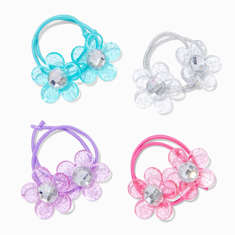 Claire's Club Jewel Tone Glitter Flower Hair Ties - 4 Pack