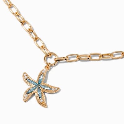 Gold-tone Embellished Starfish Paperclip Chainlink Pendant Necklace