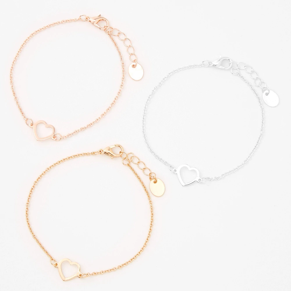Mixed Metal Heart Cutout Chain Bracelets - 3 Pack